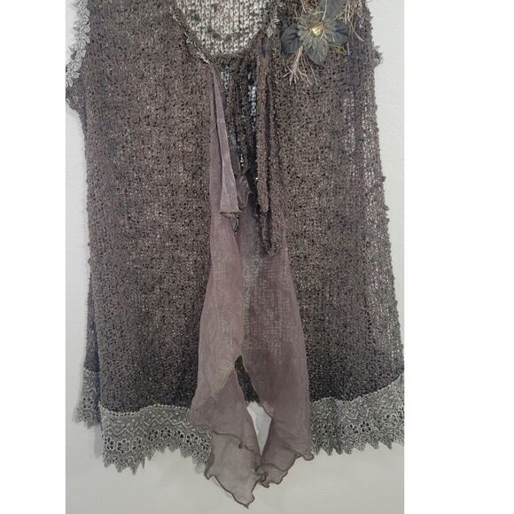 Vandana Sleeveless Kimono Womens Medium Gypsy Boho Lace Embellished Brown - Picture 3 of 7